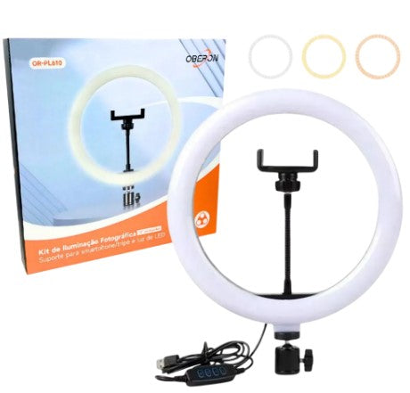 Ring Light 10 Polegadas 26cm 20W com 3 Tons de Luz e Suporte para Celular Oberon OR-PL10