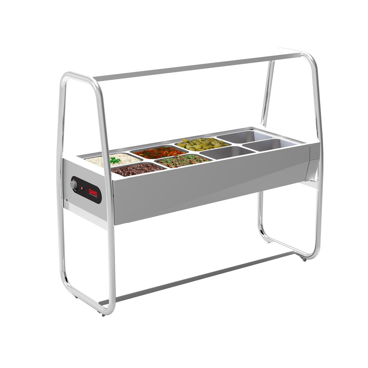 Buffet Térmico Aquecido Inox Saro BF8IX 8 Cubas GN com Tampa e Rodízios