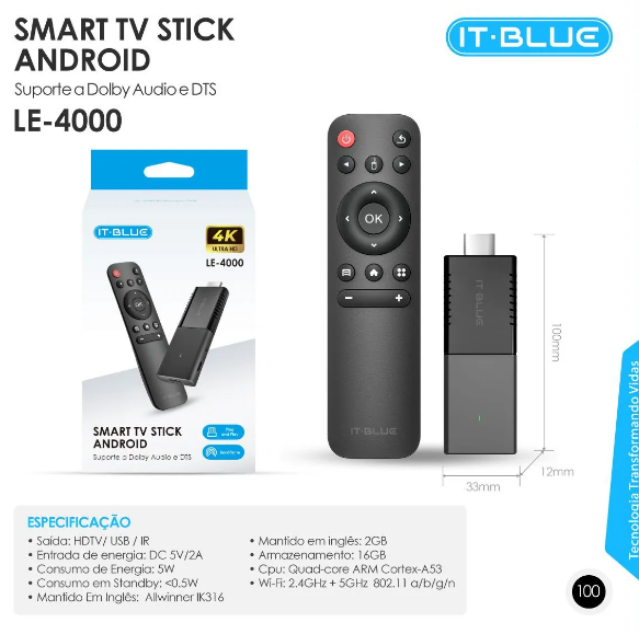Stick Smart TV Android com Controle Remoto Wi-Fi 2.4GHz e 5GHz 16GB IT-Blue LE-4000