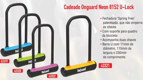 Cadeado Trava U-lock Onguard 8152 Chave Bike Moto Cores Neon