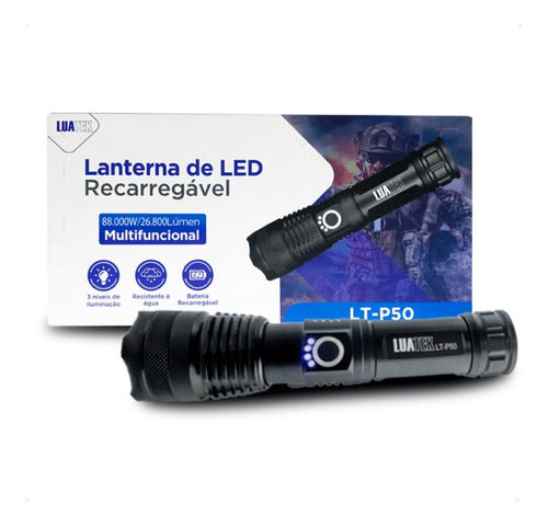 Lanterna Led Lt-p50 T9 Recarregável Usb Potente Luatek