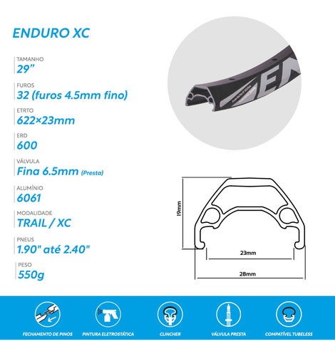 Aro 29 Enduro Xc 32 Furos Tubeless Ready Flay Rims