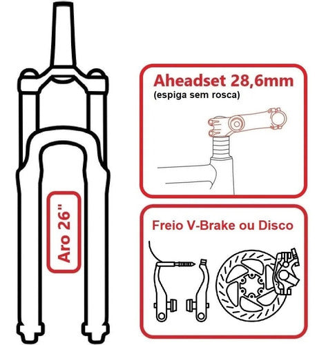 Garfo Suspensão Amortecedor Bike Aro 26 Disco Aço Aheadset