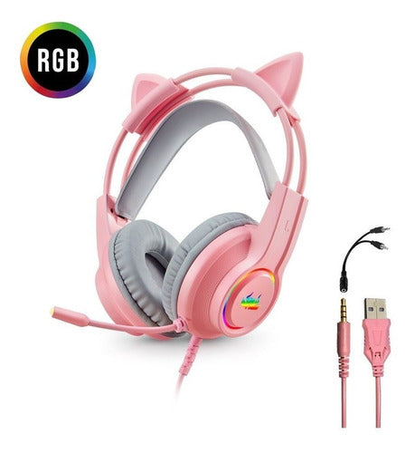 Fone De Ouvido Headset Gamer Rosa Com Fio Microfone Kp-ga04
