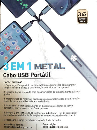 Cabo  Tipo C + Micro Usb V8 + Ios Ip 3 Em 1 Portátil Knup