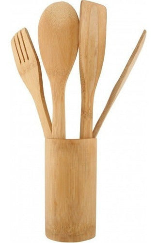 Jogo De Porta Talheres + Colher De Bambu (pau) 5 Pc Cozinha