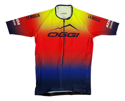 Camisa Proteam Oggi para Ciclismo Respirável Vermelha Azul Amarela