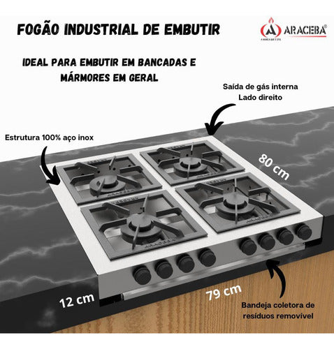 Fogão Gás Industrial Embutir 4 Bocas Inox Qu Duplo Bp 30x30