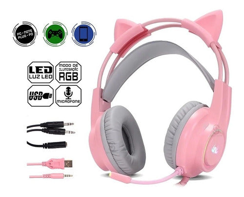 Fone De Ouvido Headset Gamer Rosa Com Fio Microfone Kp-ga04