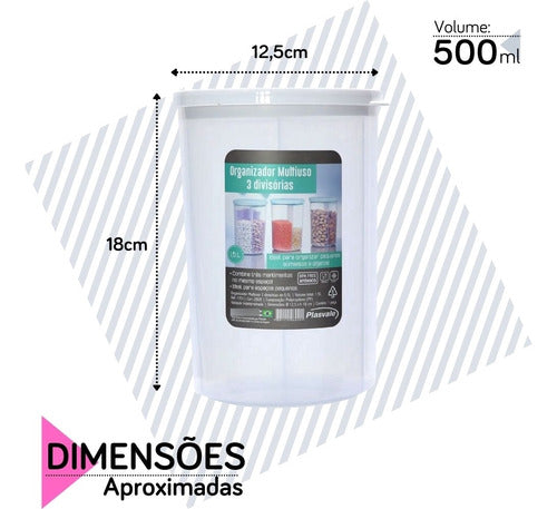 Pote Organizador Multiuso Com 3 Divisórias 500ml Plasvale