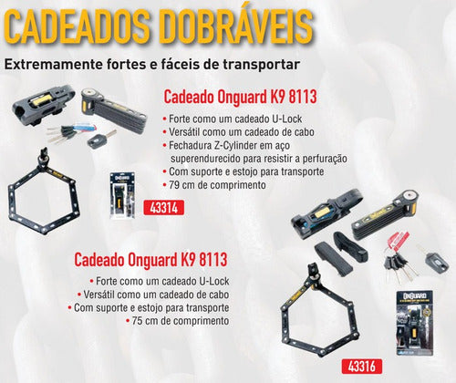 Cadeado Trava Tranca Dobrável Onguard 8116 K9 Bike Moto 69Cm