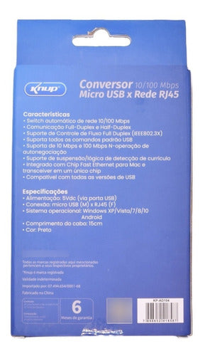 Adaptador Conversor Micro Usb X Rede Rj45 10/100mbps Knup