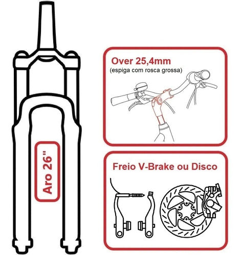 Garfo Suspensão Para Bike Aro 26 Over 25,4mm Disco Mode 711g