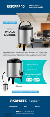 Botijão Térmico Soprano Palace 6 Litros Aço Inox C/ Torneira