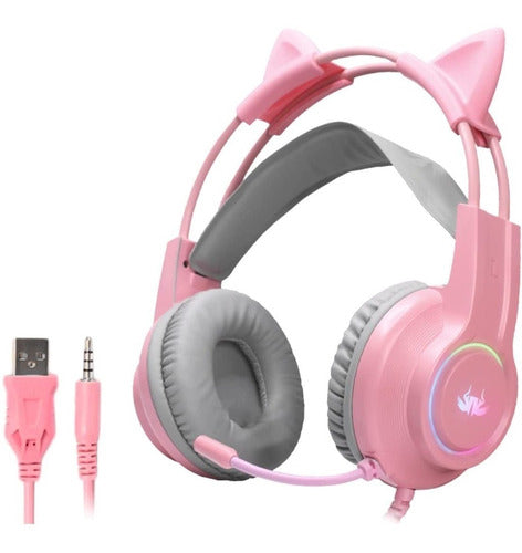 Fone De Ouvido Headset Gamer Rosa Com Fio Microfone Kp-ga04