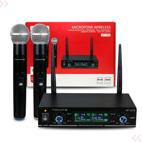 Microfone Duplo S-fio Profissional Wireless Mt-2210 Tomate